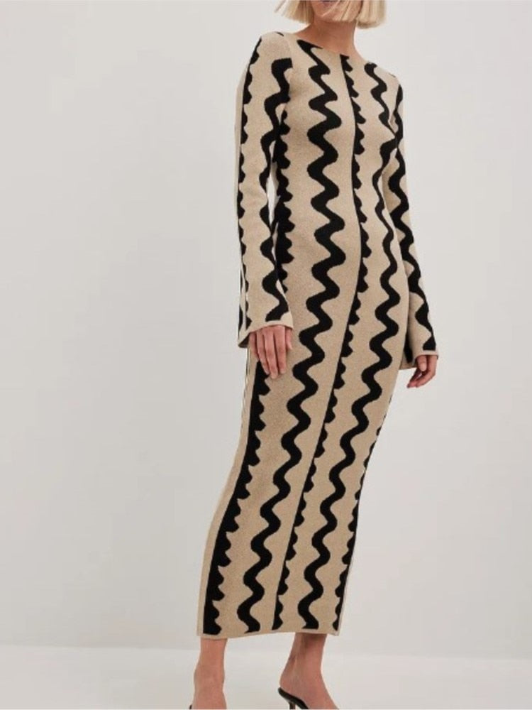 Fashion Leopard Print Women Slim Dress Striped Long Sleeve O Neck High Waist Female Dresses 2023 Spring Wave Party Evening Robe