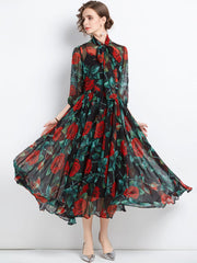 Spring Summer Holiday Rose Flower Dress Women Bow Collar Zipper Chiffon Floral Print Long Pleated Vacation Beach Vestidos