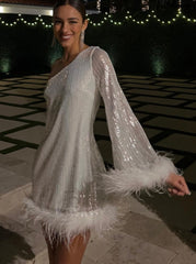 Sexy Sequin White Dress Ladies Fashion One Shoulder Long Sleeve Mini Dress Elegant Feathers Party Dresses For Women 2023