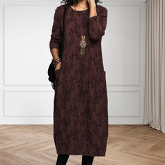 Women Midi Dress for Women 2023 Vintage Print Long Sleeves Crew Neck Dress Spring Autumn Loose Double Pockets Dress Streetwear