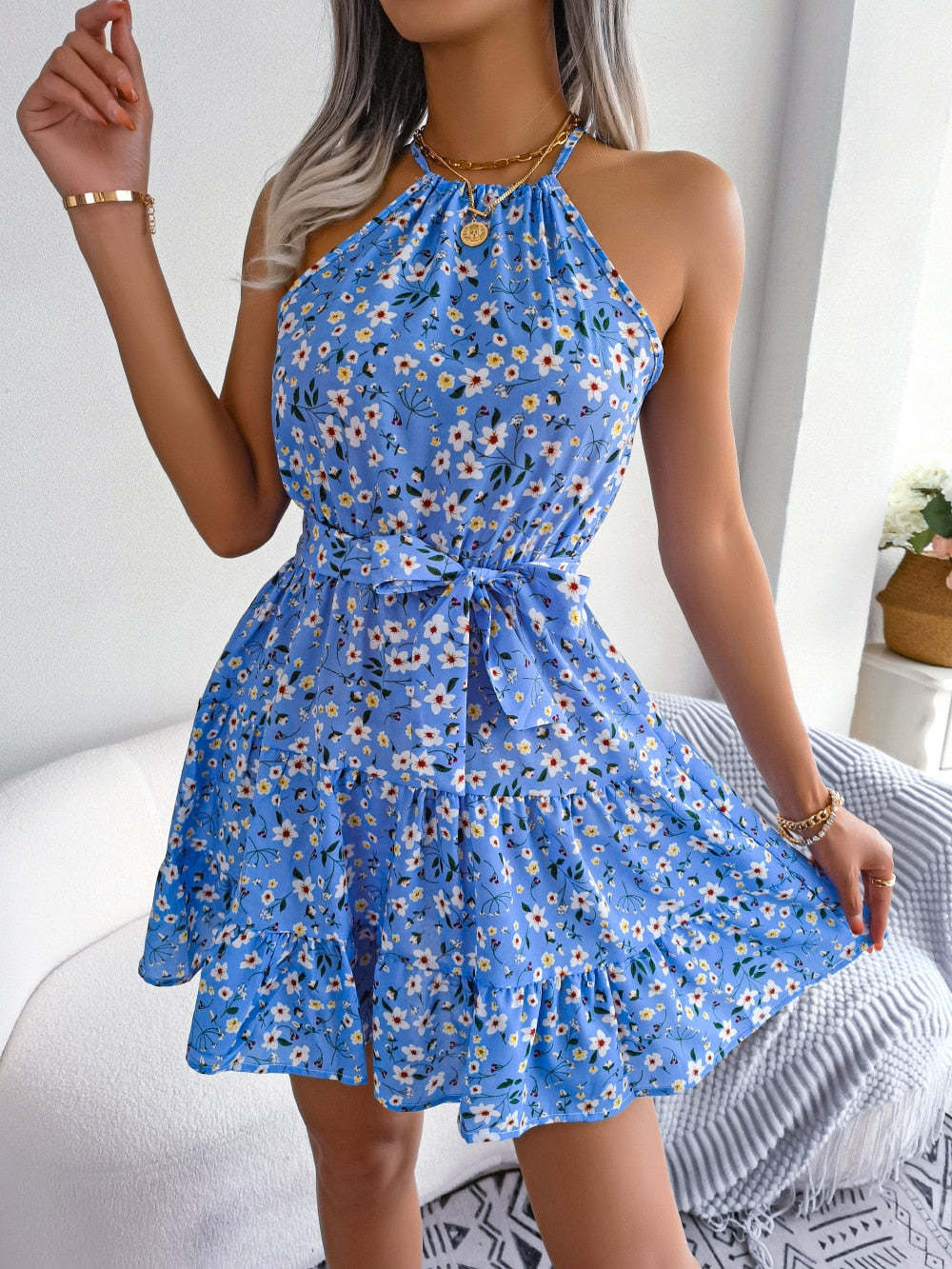 Hoobd Fashion 2023 Ruffle Hem Dress Woman French Elegant Floral Dresses Chiffon Robe Evening Party Beach Fairy One Piece Korean Summer