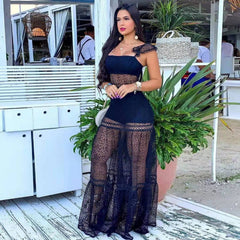 Perl Sexy Mesh Stitching Sling Zipper Dress See Through Lace Skirt Transparent Women's Clothing Charming Chic Outfit for Ladies