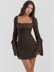 Elegant Multilayer Lace Backless Mini Dress Women Brown Square Collar Long Flare Sleeve Club Party Sexy Dress Autumn