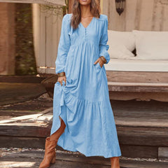 Retro Casual Loose Cotton Hemp Women Dress Button V-neck Long Sleeve Solid Color Dress Autumn Winter 2023 Elegant Party Vestidos