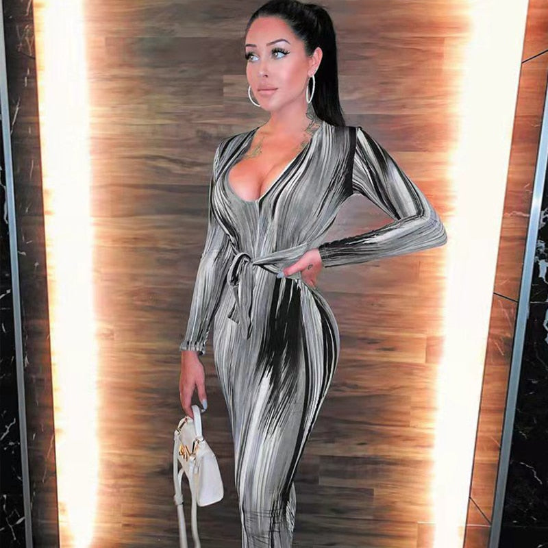 Hoobd Sexy Bandage Dress Waist Illusion Dress 2023 Women V-neck Maxi Dresses Ladies Tie-dye Wave Print Party Dresses Tight Dresses