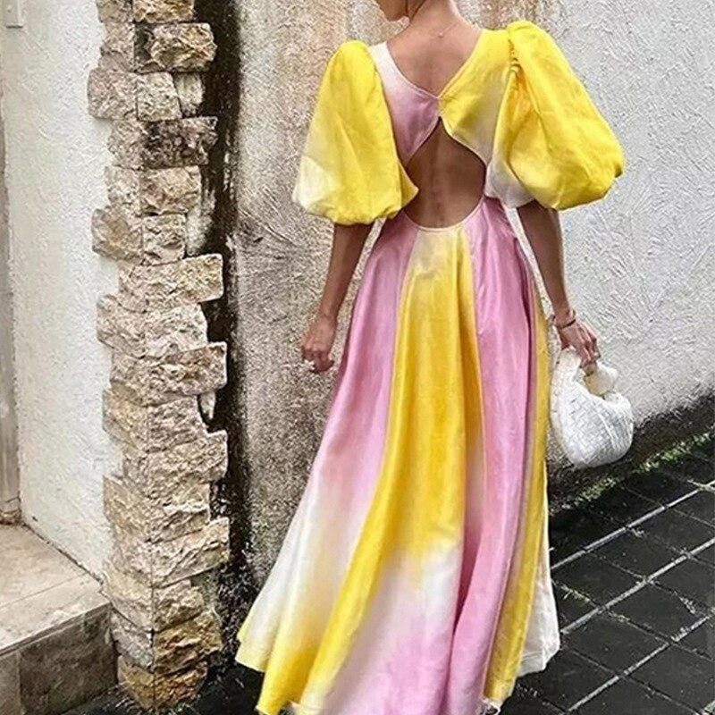 Sexy Deep V Neck Puff Sleeve Summer Bohemia Long Dress Elegant Tie Dye Gradient Color Women Evening Dresses Lady French Vestidos