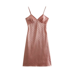 2023 Summer Women Vintage Polka Dot Satin Sling Dress Sexy Sleeveless V Neck Ladies Knee Length Dresses
