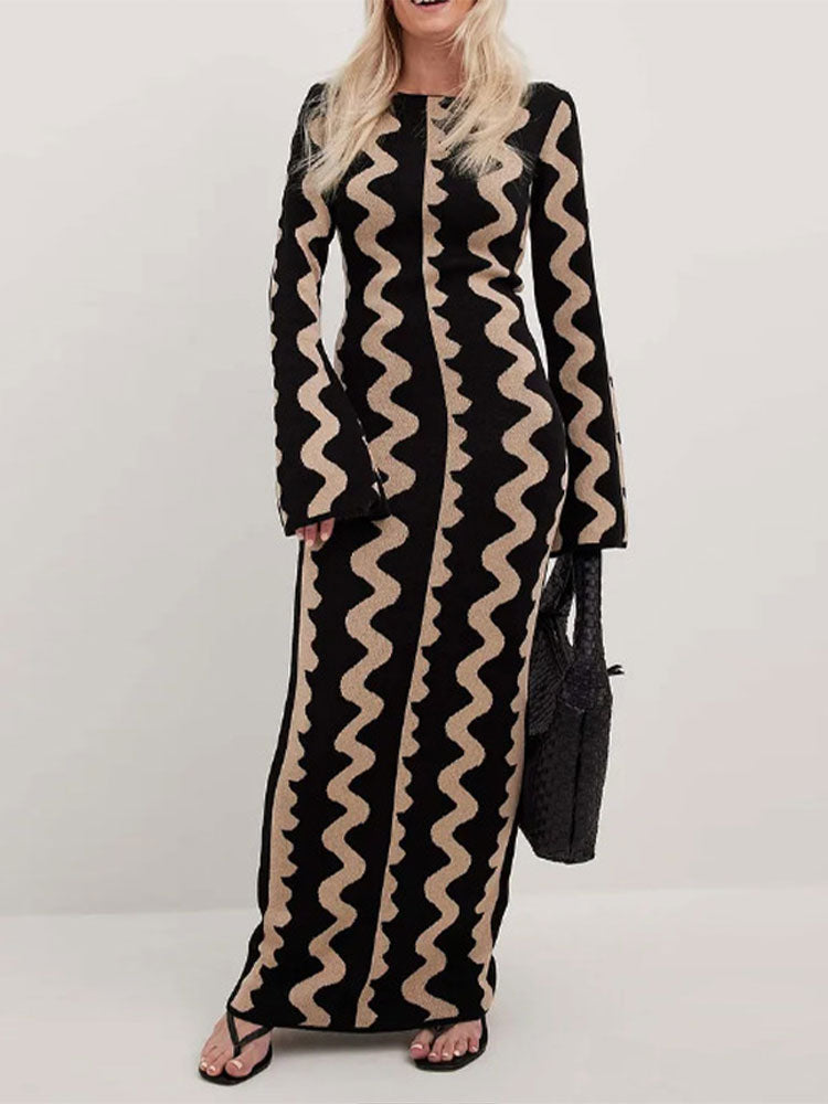 Fashion Leopard Print Women Slim Dress Striped Long Sleeve O Neck High Waist Female Dresses 2023 Spring Wave Party Evening Robe