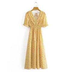 2023 Spring New Long Dress Women's V-neck Split Printing Dress Floral Elastic Waist Sexy Backless Lace-up Dress Mujer Boho Robes