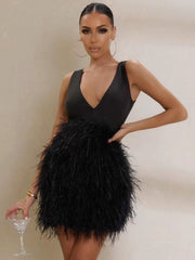 Hoobd Black Feather Dresses for Women 2023 Spring V-neck Sleeveless Lace-up Backless High Waist Tunics Short Evening Party Dresses