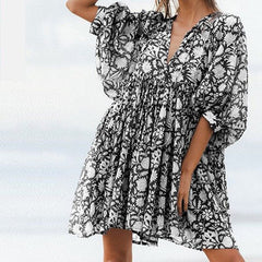 Autumn Boho Women Dresses Casual Loose Waist V-neck Lantern Sleeve Mini Dress Fashion Ladies Elegant Floral Print Party Vestidos