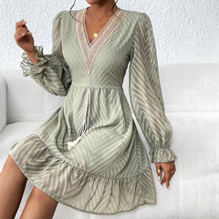 Women's 2023 Casual Fall Dress Long Sleeve Lace Trim V Neck Belted Short A Line Flowy Dress