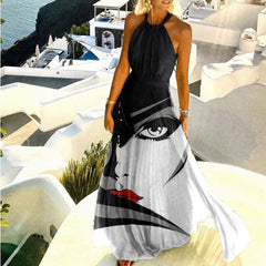 Hoobd graduation outfit ideas 90s latina aesthetic freaknik baseball game tomboy style swaggy going out classic edgy brunch cuteWomen Sexy Off Shoulder Long Dress Summer New Sleeveless Halter Pleated Maxi Party Dress Vintage Print O Neck Female Dress