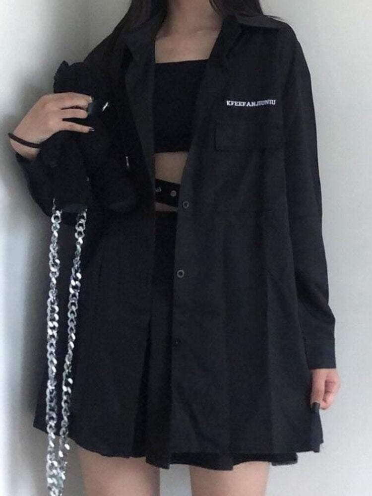 Black Gothic Skirt Pleated Chain Punk Two-piece Suit Loose Long Sleeve Shirt Women Streetwear Harajuku Jk Uniform