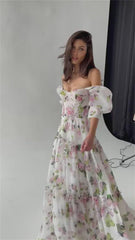 Amanda Puffy Sleeve Vestido De Novia Flower Printing Prom Gown Corset A-line Prom Dress Princess Off Shoulder