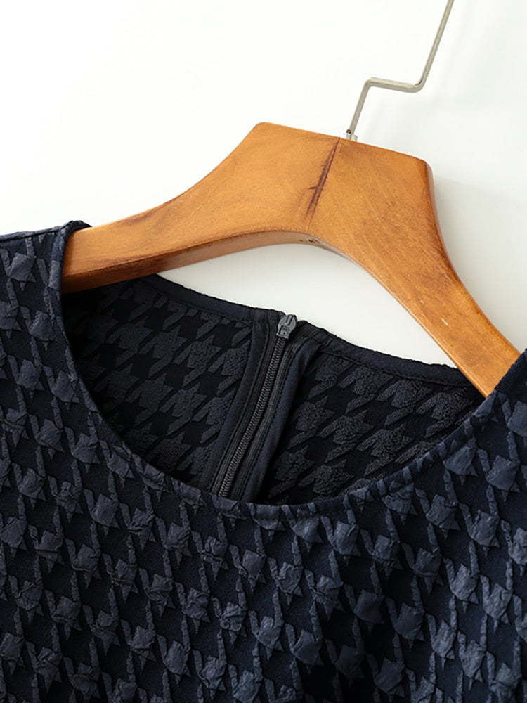 Dress Women 2023 Spring Navy Blue Bird Lattice Elegant Autumn A-line O-neck Slim With Belt Dresses Casual Vestidos