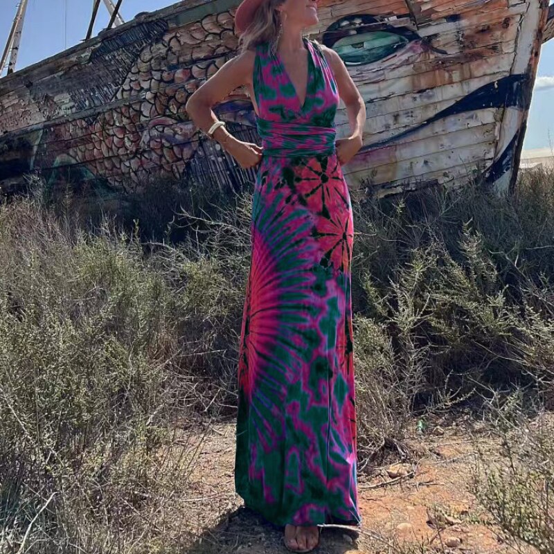 Hoobd2023 Casual Summer Women Dress DIY Wearing Tie Dyeing Printing Fashion Sleeveless Dresses Sundress Beach Style Dresses