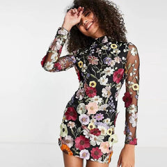 Hoobd Flower Print Embroidery Mini Dress Women Half High Collar Long Sleeve Hip Package Dresses Female Autumn Elegant Lady Vestidos