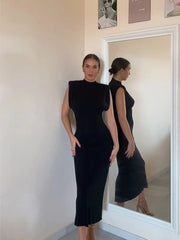 Women Fashion Sexy Midi Dress 2024 Elegant O-Neck Split Sleeveless Slim Dresses Streetwear High Waist Bodycon Vestidos Robes