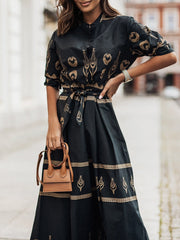 Women Half Open Collar Street Print Long Dress Elegant Button Lace Up High Waist Party Dress New Summer Short Sleeve Shirt Dress