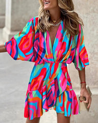 2023 Summer Irregular Mini Dress For Women Fashion Print Casual Bohemia Vacation Sundress Women's Bat Sleeve Ruffles Dresses
