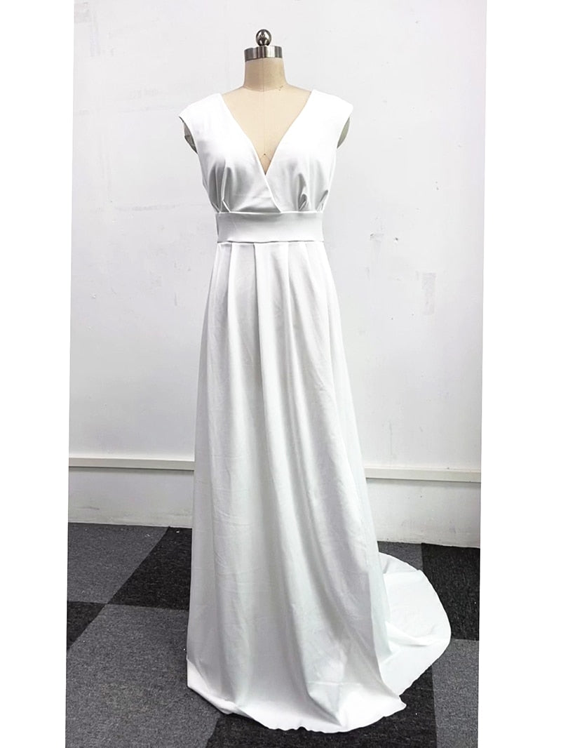 Hoobd Elegant Casual Women's Dresses Sexy V-neck Side Slit Backless White Long Skirt Wedding Banquet Bridesmaid Dress Evening Gown