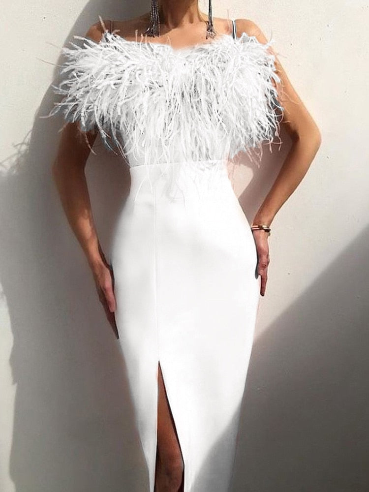 Hoobd Luxury Feathers Dress Women Sleeveless Spaghetti Strap High Waist Bodycon Slit Mid-calf Wedding Birthday Party Evening Dresses