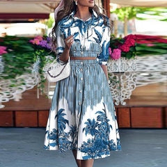 Autumn Fashion Striped Print Two Piece Sets Casual 3/4 Sleeve Women Outfits Elegant Turn-down Collar Button Blouse + Skirts