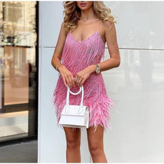 Hoobd Dress Summer Slim V-Neck Off Shoulder Dresses Sexy Women&#39;s Fringed Sequin Feather Stitching Female Backless Slip Mini Robe