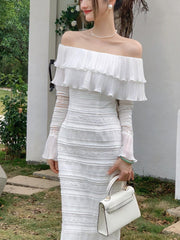 Elegant White Midi Dress Office Lady Long Sleeve Sexy Beach Party Bodycon Dress Women Chic 2023 Summer One Piece Dress Korean
