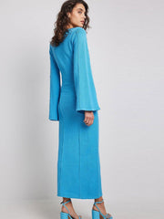 Flared Long Sleeves Split Maxi Dress Women Fashion Blue O-neck Sweater Dresses Female Elegant Bodycon Vestidos