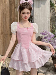 Elegant Sweet Dress Women Vintage Patchwork Party Mini Dresses Female Korean Fashion Holiday Square Collar Casual Dress Summer