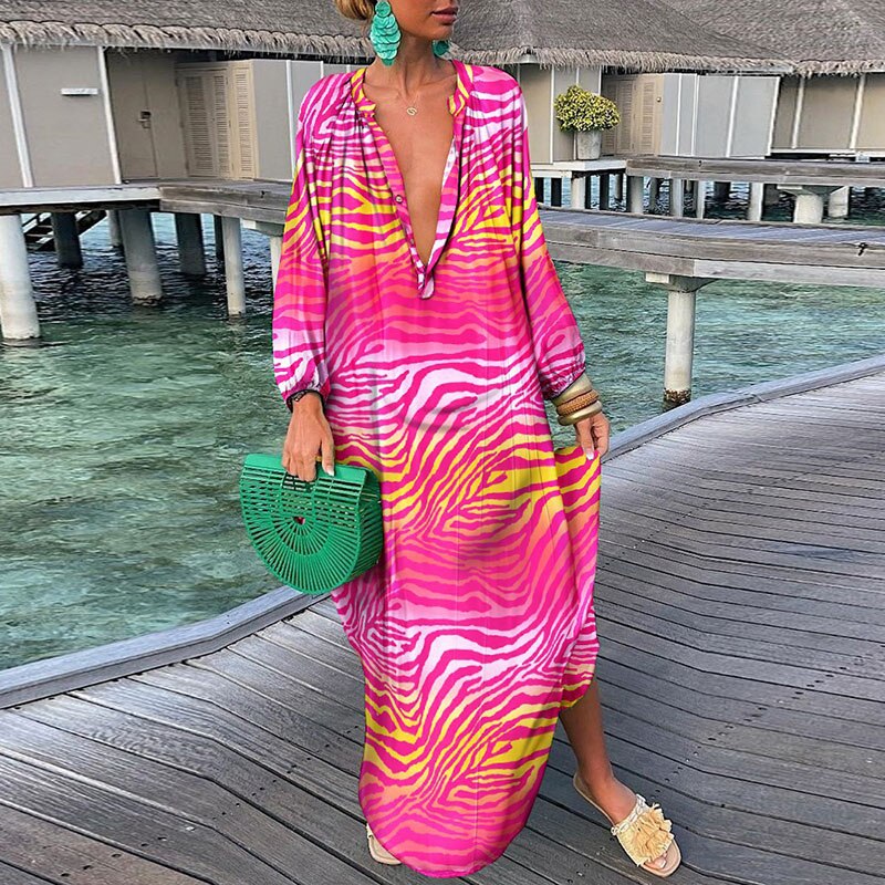 Hoobd Women Elegant V Neck Loose Party Dress Lady Retro Printing Long Sleeve Holiday Dress Autumn Casual Femme Dress Streetwear
