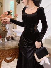Gothic Vintage Balck Long Sleeve Dress Woman Elegant Fashion Velvet Midi Dress Korean Style Even Party Dress Casual 2023 Spring