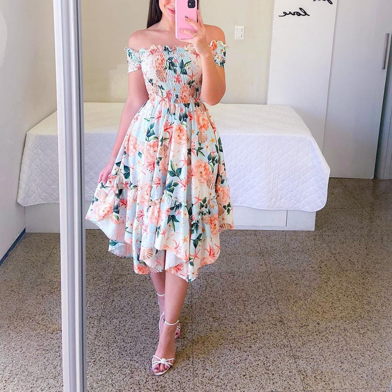 Hoobd Sexy Off The Shoulder Tube Top Dress Butterfly Rainbow Floral Print Dress Ladies Elegant Slim Summer Bohemian Party Maxi Dresses