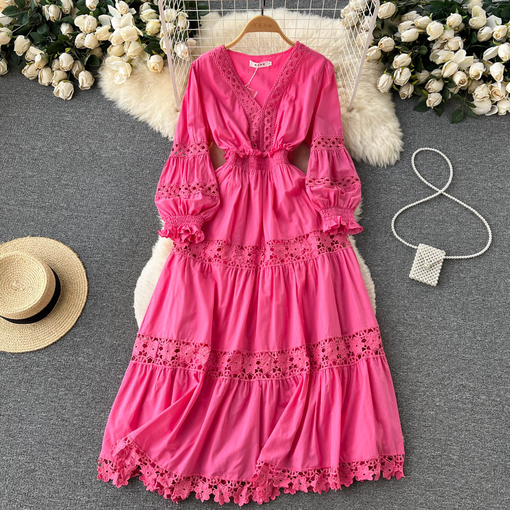 Autumn Vintage V-Neck Flower Embroidery Hollow Out Patchwork Vacation Long Dress Women Puff Sleeve Elastic Waist Holiday Vestido