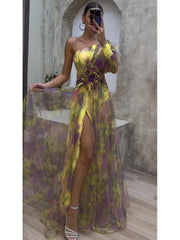 Elegant Tie-dye Print Dress Women  Fashion Oblique Shoulder Pleated Long Dresses 2023 Summer Autumn Lady Party Evening Vestidos