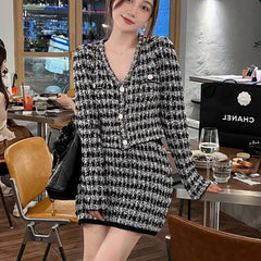 Autumn Winter Korean Fashion Sweater Female Knit Cardigan Crop Top Mini Skirt Two Piece Sets Womens Outifits Ensemble Femme
