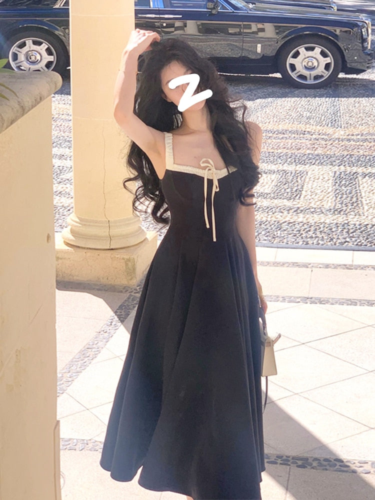 French Floral Strap Midi Dress Woman Elegant Sleeveless Even Party Dress Office Lady 2023 Summer Beach Casual Korean Style Dress