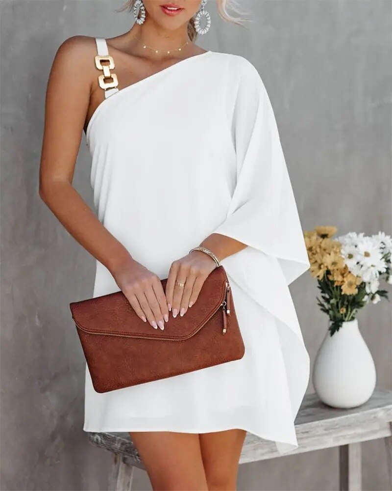 Hoobd Sexy One Shoulder Dress Women 2023 Fashion Printed Loose Office Mini Dresses Casual Straps Batwing Sleeve Beach Party Dresses