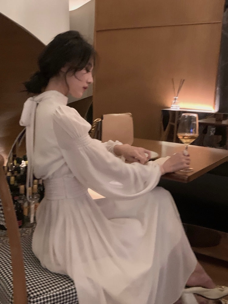 2023 Spring Turtleneck White Midi Dress Women  Long Sleeve French Elegant One Piece Dress Korean Fashion Y2k Clothing Design