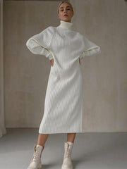 Autumn Knit Loose Turtleneck Maxi Dress Women Ribbed High Waist Fashion Elegant Dress Knitwear Long Sleeve Female Dress