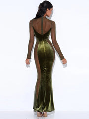 Elegant See Through Patchwork Maxi Dress for Women Gown Full Sleeve Fashion Zipper Velvet Bodycon Long Dresses Vestido