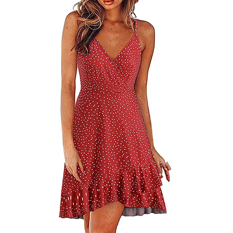 Hoobd S-2XL 17Colors Print Ruffles Sleeveless Fit Flare Dress Casual V-Neck Women Beach Party Entertainment Daily Suspender Wear