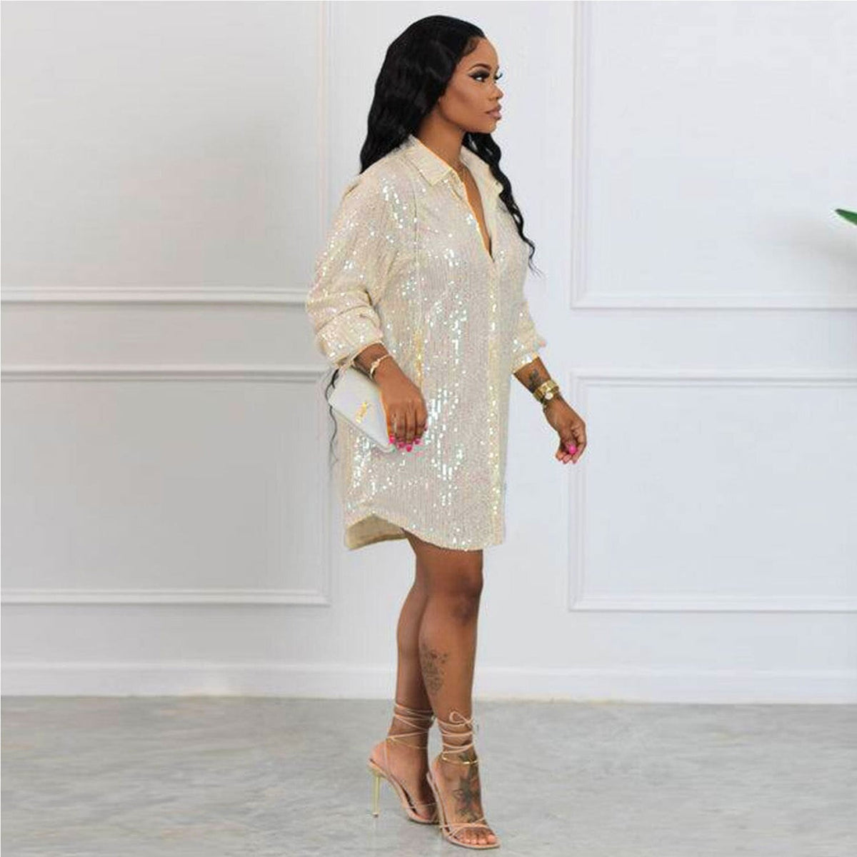 Women Fashion Elegant Turn-down Collar Mini Casual Loose Dress Oversize Long Sleeve Allover Sequin Shirt Dress