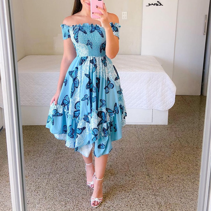 Hoobd Sexy Off The Shoulder Tube Top Dress Butterfly Rainbow Floral Print Dress Ladies Elegant Slim Summer Bohemian Party Maxi Dresses