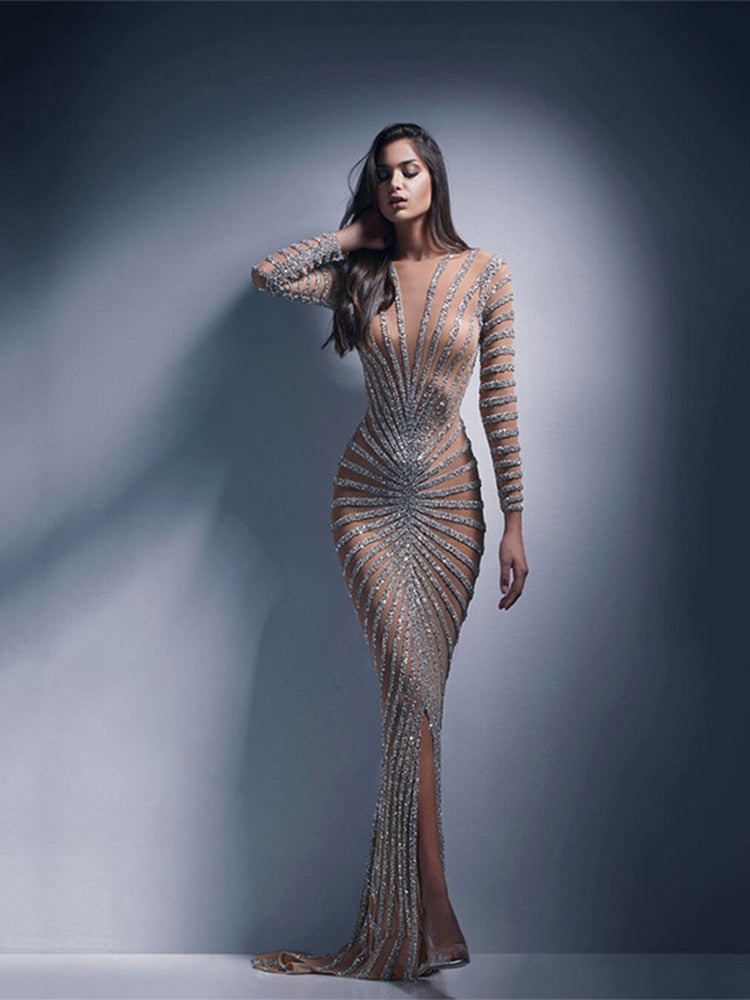 Women Mesh Sequins Maxi Dress Female Sexy V Neck Long Sleeve Split Fis Hoobd Women Mesh Sequins Maxi Dress Female Sexy V Neck Long Sleeve Split Fis Hoobd