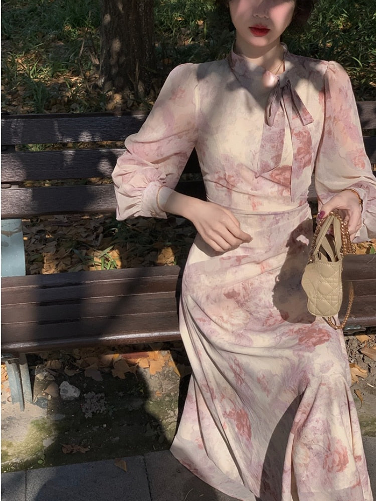 2023 Spring Pure Color Elegant Chiffon Midi Dress Women Outwear French Vintage Dress Female Casual One Piece Dress Korean Chic