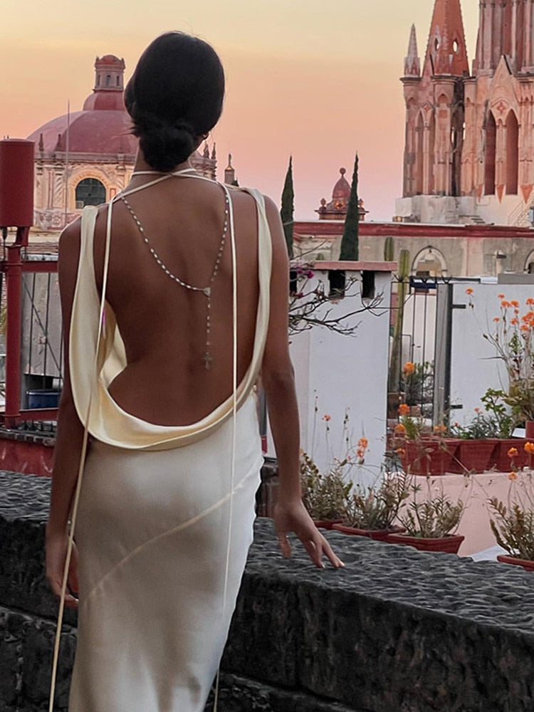 Hoobd Spaghetti Strap Sexy Backless Satin Slip Maxi Dress For Women Fashion Outfits Sleeveless Gown Long Dresses Clothes