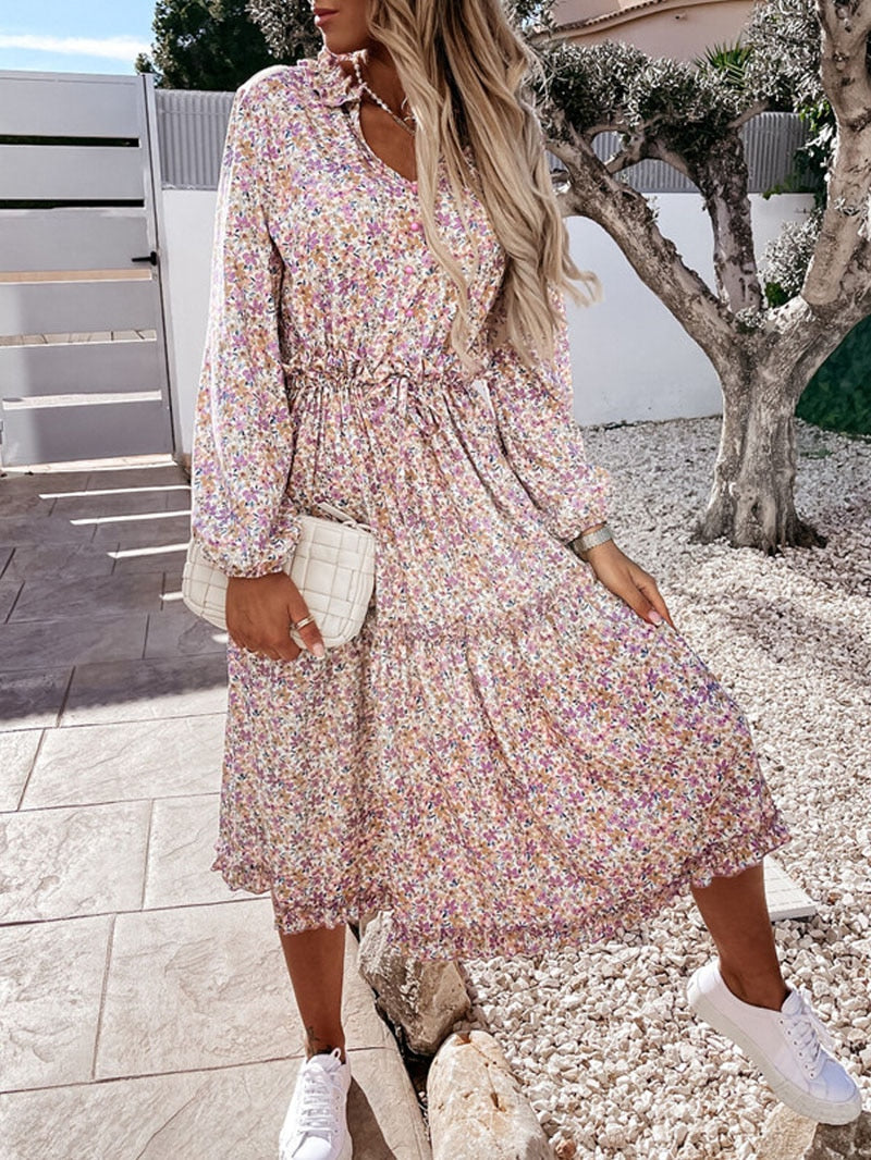 Floral Print Casual Beach V-Neck Elegant Long Sleeve Shirt Dresse